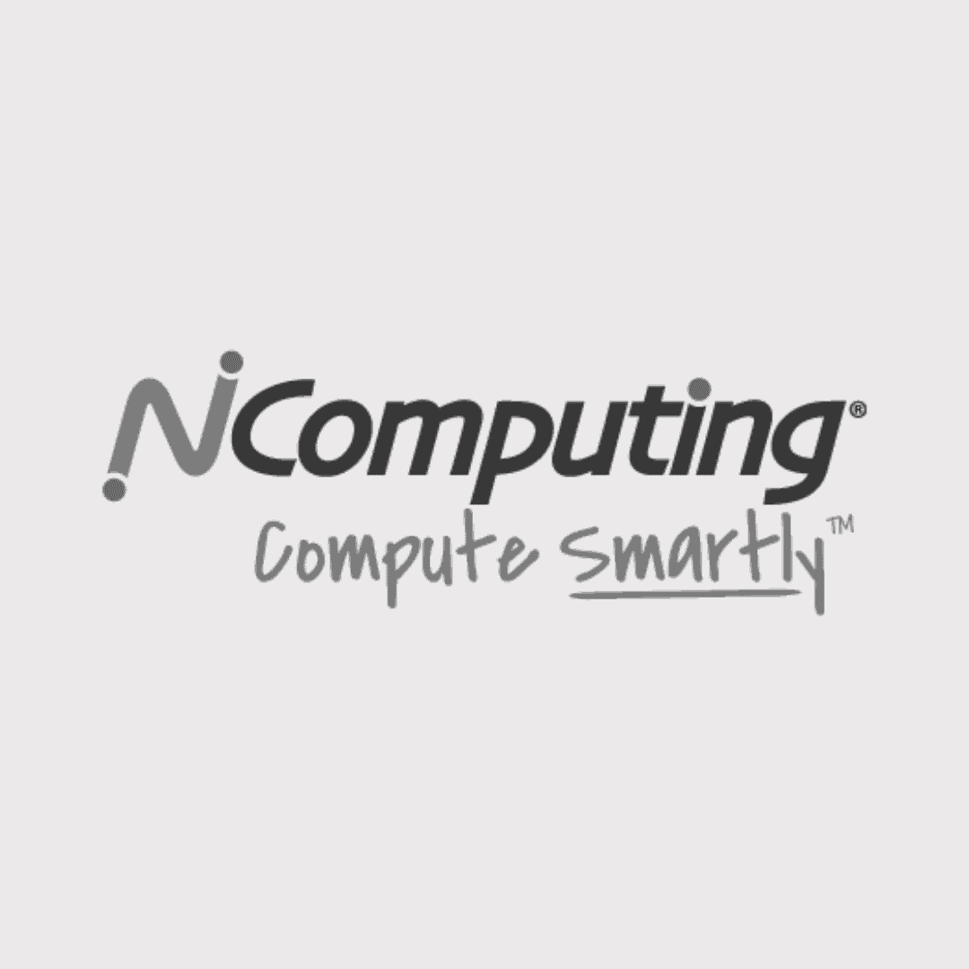Alternativer Text: NComputing Firmenlogo mit Slogan "Compute Smartly".