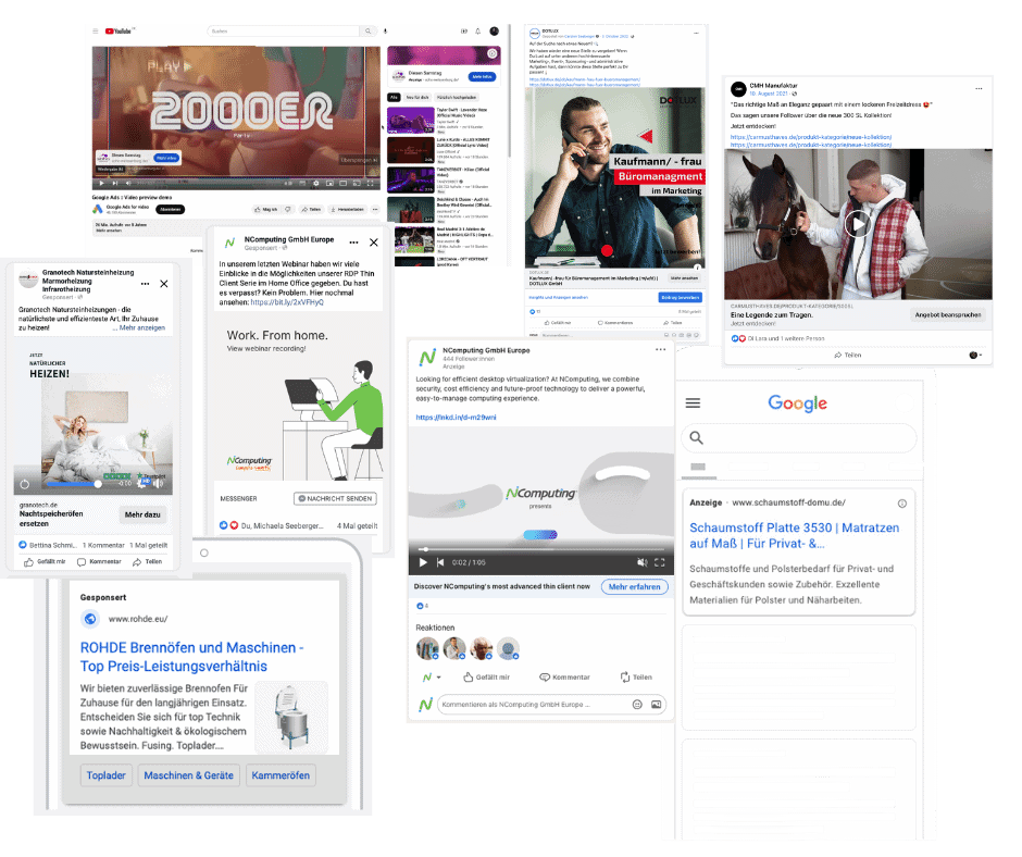 Collage verschiedener Social-Media-Plattformen und Werbeanzeigen
